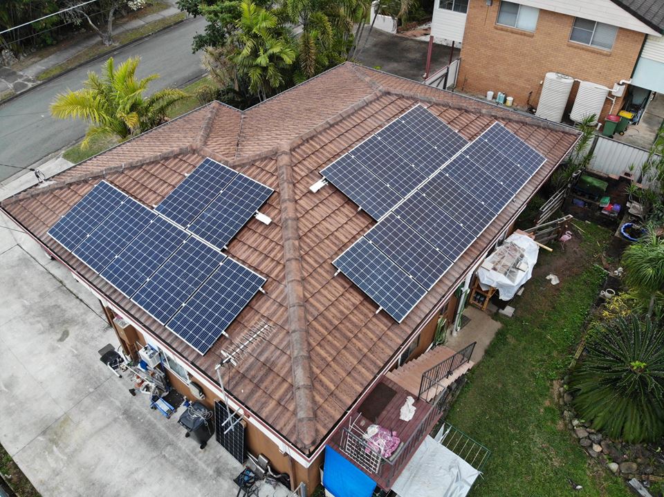 An aerial view of solar panels on a home
