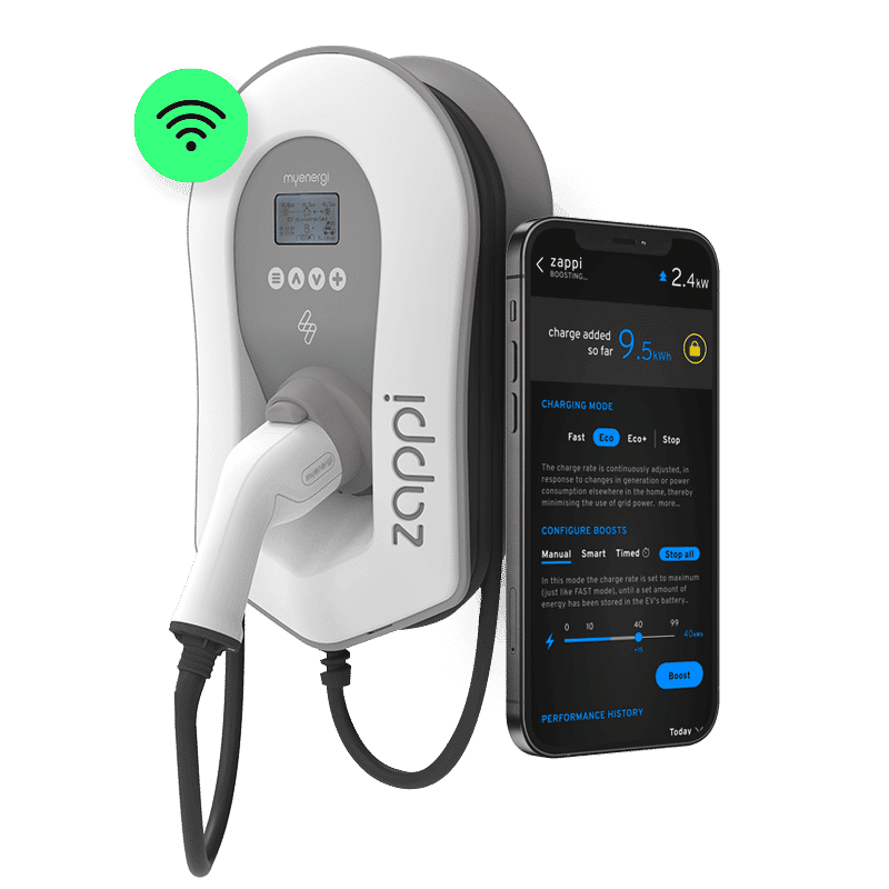 Zappi EV charger and a smartphone on a white background provided by Sunrays Power